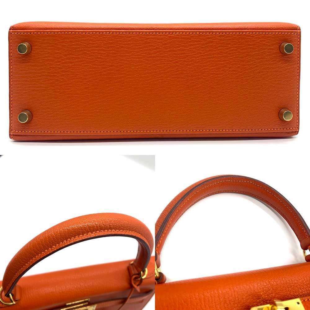 Hermes Kelly 25 Chevre Orange F Stamped Outside Stitching Hand Bag Shoulder S... - Picture 4 of 8